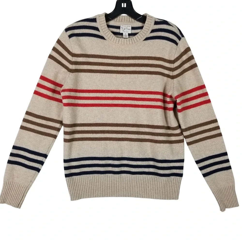 J. Crew Rugged Merino Sweater Mens Small Beige Striped Wool Blend Pullover
